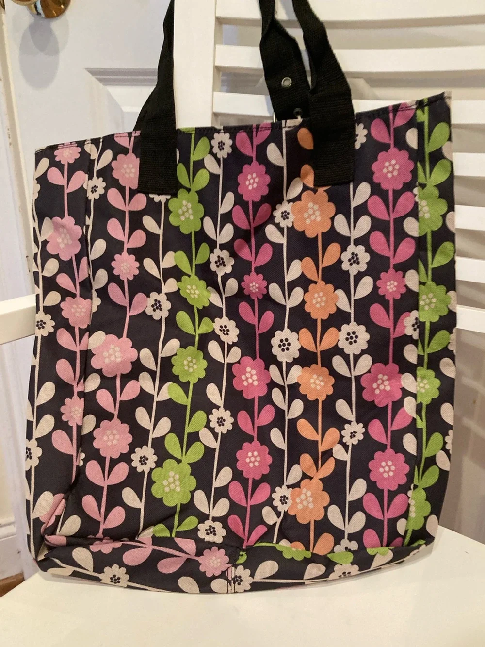 Floral Pattern Canvas Tote Bag in Black with Pink, Green & Orange Flowers